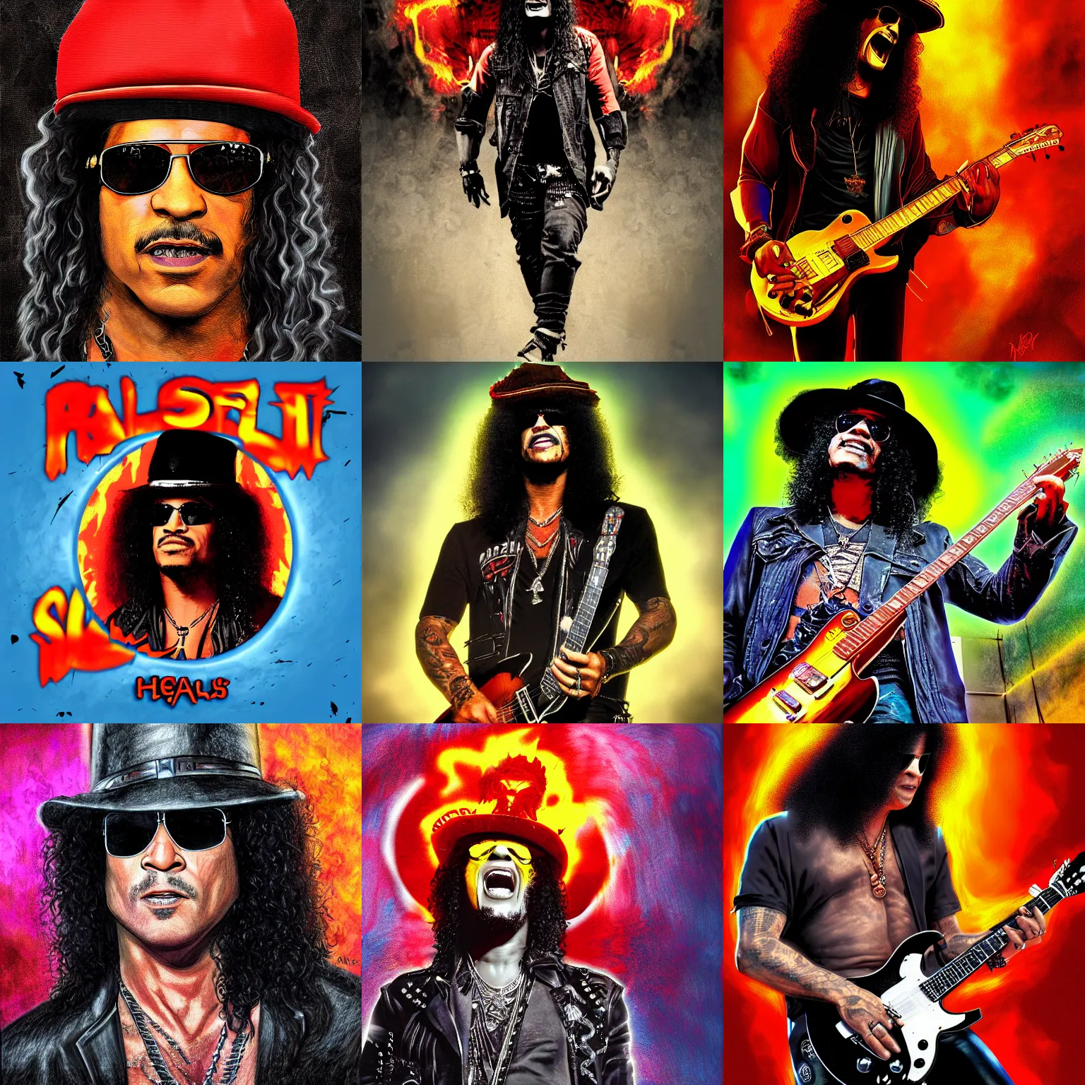 Prompt: portrait of Slash in hell, high quality, digital art