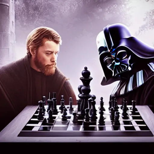 Prompt: Darth Vader and Obi-Wan playing a game of chess. Realistic setting, cinematic, 4k,hdr