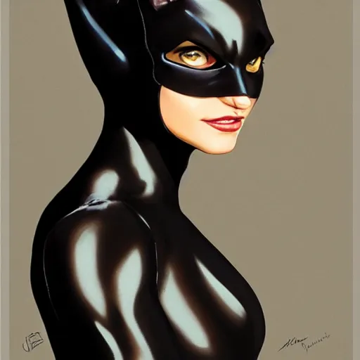 Image similar to Portrait of Catwoman, intricate upper body, whole body, highly detailed, digital painting, artstation, concept art, smooth, sharp focus, illustration, art by Hajime Sorayama