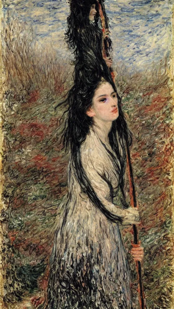 Image similar to a tall woman with very black hair and pale skin with a crown and a spear in her hand in a snowy landscape, fine art, splatter paint, impressionist mosaic, light art, complimentary - colors, tones of black in background, 2. 5 - dimensional, cinematic lighting, by claude monet, by pre - raphaelite brotherhood : : john everett millais gustav klimt