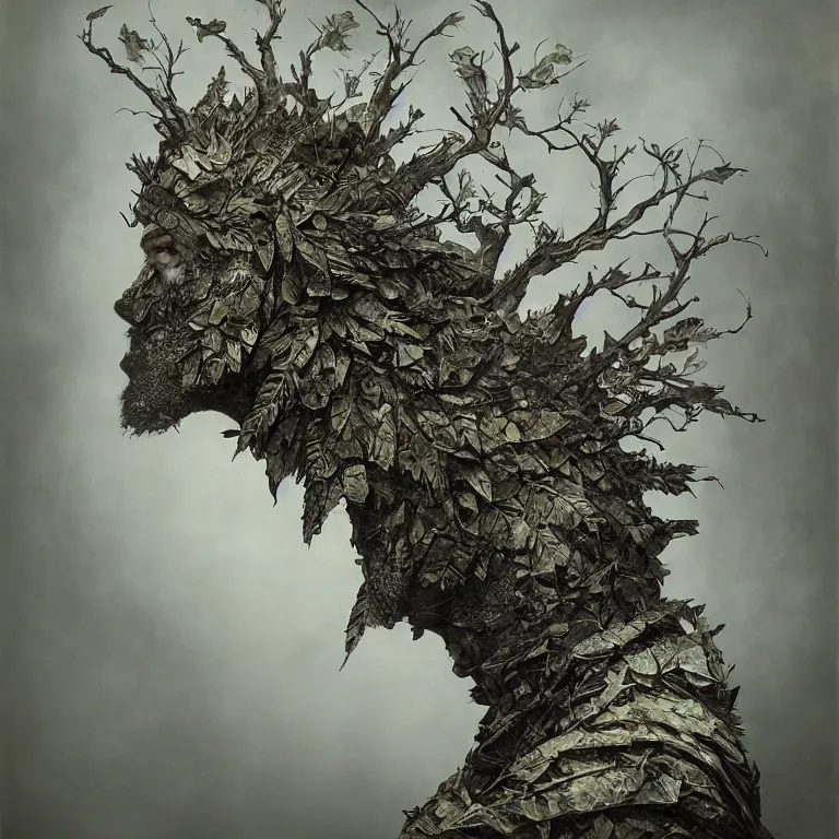 Image similar to powdery blurry old tintype portrait of realistic armoured tree made of leaves, dramatic light, dystopian environment, intricate, elegant, highly detailed, centered headdress, artstation, sharp focus, artgerm, tomasz alen kopera, peter mohrbacher, donato giancola, joseph christian leyendecker, wlop, boris vallejo, frank frazetta