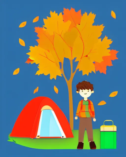 Image similar to autumn hillside boy with camping bag illustration light color