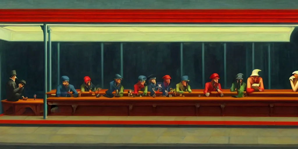 Prompt: painting of Nighthawks by Edward Hopper with characters from Outlander