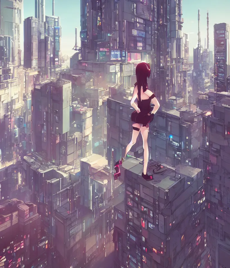 Image similar to a girl stands on top of a multi-storey building, anime style, 4k, cyberpunk city in the background, HD, artstation, very detailed, by Ilya Kuvshinov