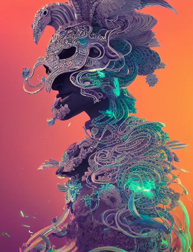 Image similar to 3 d goddess close - up profile solarpunk portrait ram skull. beautiful intricately detailed japanese crow kitsune mask and clasical japanese kimono. betta fish, jellyfish phoenix, bio luminescent, plasma, ice, water, wind, creature, artwork by tooth wu and wlop and beeple and greg rutkowski