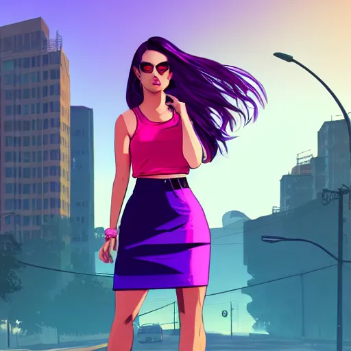 Image similar to a stunning GTA V loading screen with a beautiful woman with ombre hairstyle in purple and pink blowing in the wind, tanktop and skirt, city streets, digital art, trending on artstation