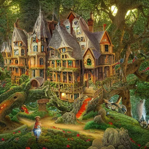 Prompt: a highly detailed strange fantastic magical mansion entangled with detailed oak trees by jacek yerka, matte painting, 8 k resolution, vivid