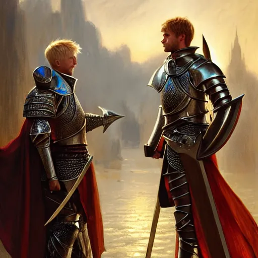 Image similar to attractive arthur pendragon and his favourite attractive male knight, they are in love, camelot, natural lighting, path traced, highly detailed, high quality, digital painting, by gaston bussiere and ross tran and j. c. leyendecker