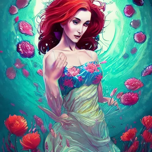 Image similar to Triss Merigold in a swirling sundress of flowers, underwater, floral explosion, radiant light, vortex of plum petals, by WLOP, Tristan Eaton and artgerm, artstation, deviantart