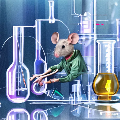 Prompt: illustration mouse cyborg performing a chemistry experiment, in a cluttered lab, lots of beakers, cyberpunk, sci - fi fantasy, intricate, elegant, highly detailed, digital painting, artstation, concept art