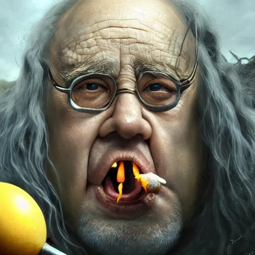 Prompt: hyper realistic, lord of the rings, close up portrait of a mega derpy danny devito eating raw eggs dream, smoking massive amounts of weed, by greg rutkowski, scott m fischer, artgerm, loish, slight glow, atmospheric, anne stokes, alexandros pyromallis