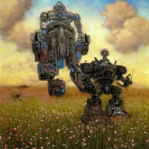 Prompt: a painting of a mecha robot looking at a butterfly on a flower, a hyperrealistic painting, a character portrait by brad kunkle, by by odd nerdrum, featured on cg society, pre - raphaelitism, figurative art, pre - raphaelite, apocalypse art, dystopian art, digital painting