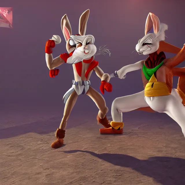 Prompt: bugs bunny in mortal kombat, videogame character, 3d render, 4k, artstation