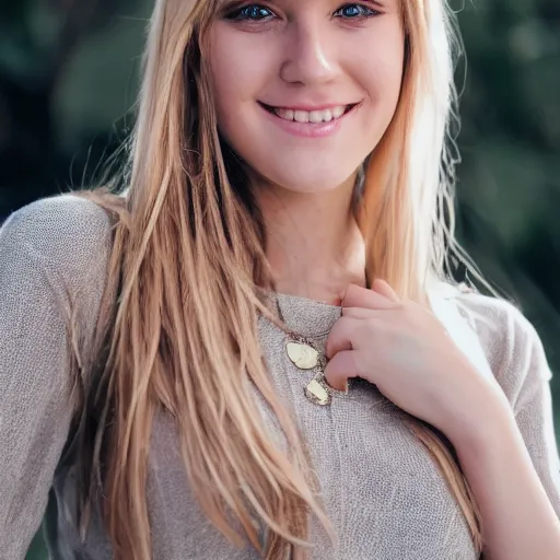 Prompt: Portrait Photography closeup of a Blonde Girl, Young Beautiful Face, Green Eyes, Freckles, Wearing a white crop-top and jeans, with a subtle smile, Epic, Charming, Character, trending on 500px