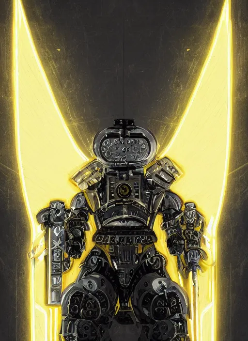 Image similar to dynamic attack position abstract portrait of a intricate glorious holy mechanical warforged character in yellow armor holding a paladin engraved great longsword drawn and carrying a big paladin shield, glowing!!!! eye!!!!!, face in focus, pit droid, epic , trending on ArtStation, masterpiece, cinematic lighting, by Ross Tran and by Greg Rutkowski