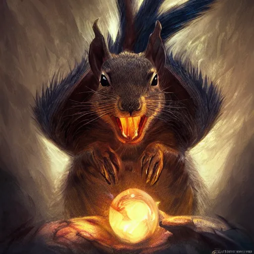 Image similar to Squirrel/dragon, ferocious, angry, magic the gathering artwork, D&D, fantasy, cinematic lighting, centered, symmetrical, highly detailed, digital painting, artstation, concept art, smooth, sharp focus, illustration, volumetric lighting, epic Composition, 8k, art by Akihiko Yoshida and Greg Rutkowski and Craig Mullins, oil painting, cgsociety