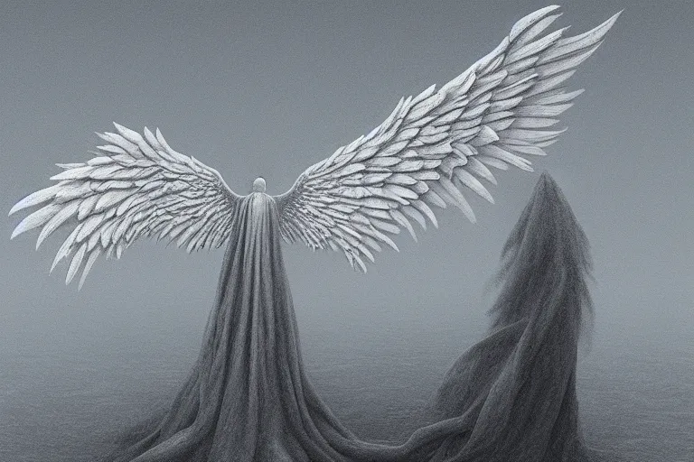 Image similar to a white angel with feathered wings open, digital art in the style of Zdzislaw Beksinski , 4k