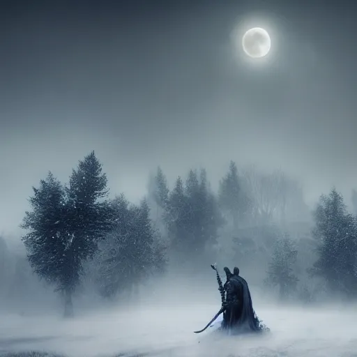 Image similar to the wild hunt, wraiths riding in the sky, mythical creatures in undead nightmare, bad omen, enchanted forest, blizzard storm, fog, full moon, snowy environment, in the style of the witcher series, hyperrealism, atmospheric, cinematic, uneasy, breathtaking, award winning, groundbreaking, octane render, unreal 5, intricate digital art, sharp focus, 8 k