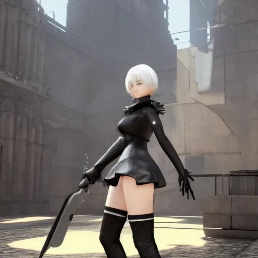 Image similar to 2B nier automata in Oblivion, detailed, artstation, concept art, Unreal Engine 5, gameplay screenshot, 8K