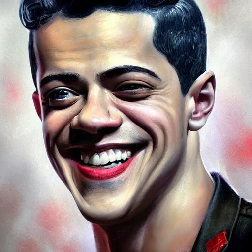 Image similar to A Hearts of Iron IV closeup portrait of a Rami Malek with bulging eyes and a huge smile, riding a tricycle. Dressed in 1980s style. Highly detailed, fine Art, high detail, great lighting, 8k resolution, masterpiece, concept art, illustration, clear eyes, painting oil on canvas, octane render, HDR, trending on artstation, 4k, 8k, HD