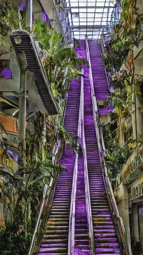 Prompt: 1980s color magazine photo of an escalator in a decaying abandoned mall, with interior potted palm trees, dappled sunlight, cool purple color palette