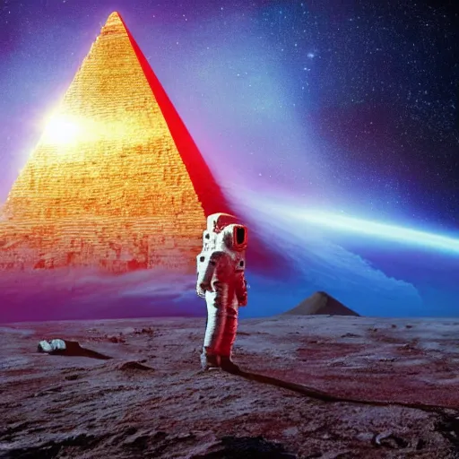 Prompt: astronaut standing near the pyramid in 1 6 k and gazing the super nova, hq