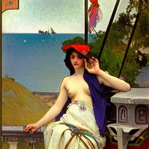 Prompt: A girl with jester hat and clothes on a greek archi circle on the front of a Balustrade with a beach and a sail boat on the background, major arcana cards, by alphonse mucha and arnold böcklin arnold böcklin arnold böcklin, paul delaroche, hyperrealistic 8k, very detailed