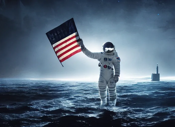 Image similar to astronaut holding a flag in an underwater desert. a submarine is visible in the distance. dark, concept art, cinematic, dramatic, atmospheric, 8 k, trending on artstation, blue, fish, low visibility, fog, ocean floor, christopher nolan, interstellar