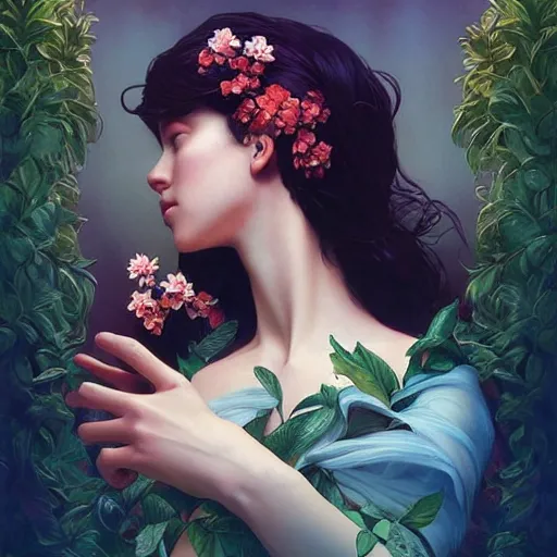 Image similar to surreal beautiful young woman, sitting with flowers, detailed gorgeous face turning into a tree, leaves, dark, ominous, sad eyes, vaporwave aesthetic, synthwave , digital painting, artstation, concept art, smooth, sharp focus, illustration, art by artgerm and greg rutkowski and alphonse mucha