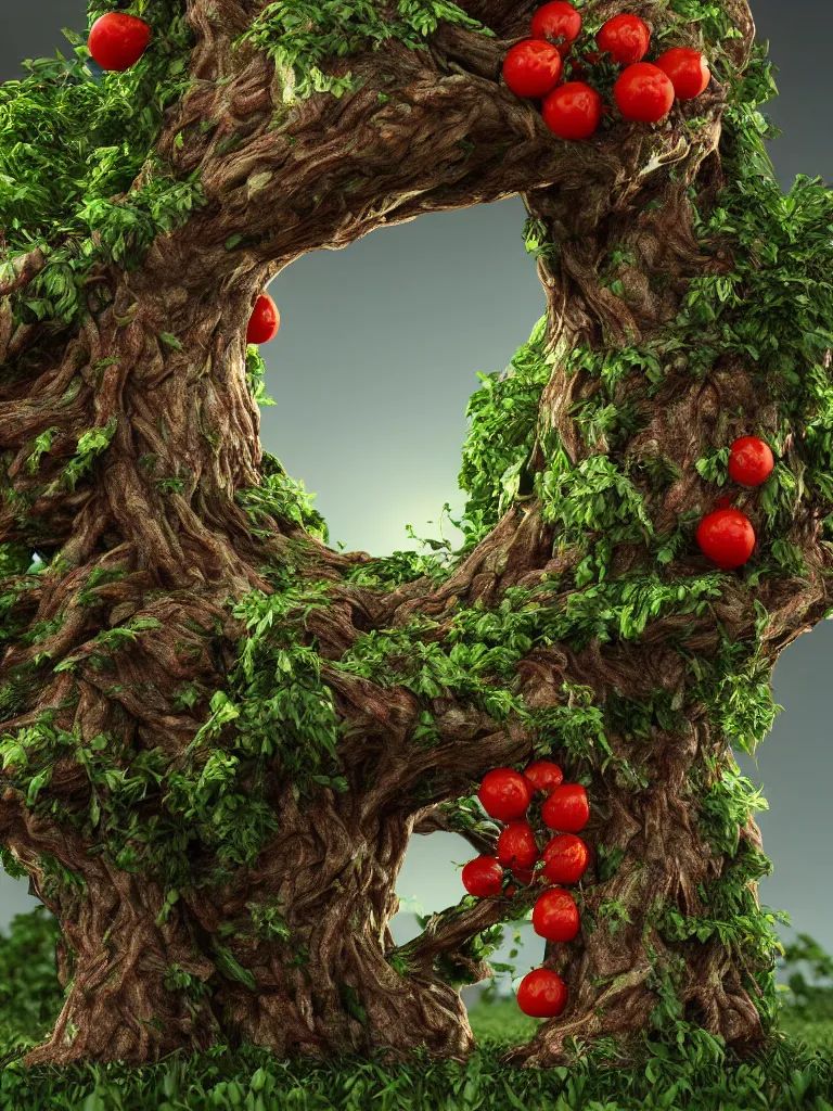 Image similar to highly detailed 3 d render of a mythical tree with sparse leaves of tomato, mozzarella, basil, hyper realistic octane render, cinematic lighting, deviantart, lowbrow, surrealism, pixar still