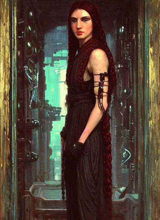 Prompt: Silent Sophia. beautiful Russian cyberpunk assassin with braids. Wearing a jumpsuit. (Cyberpunk 2077, bladerunner 2049). Iranian orientalist portrait by john william waterhouse and Edwin Longsden Long and Theodore Ralli and Nasreddine Dinet, oil on canvas. Cinematic, vivid colors, hyper realism, realistic proportions, dramatic lighting, high detail 4k