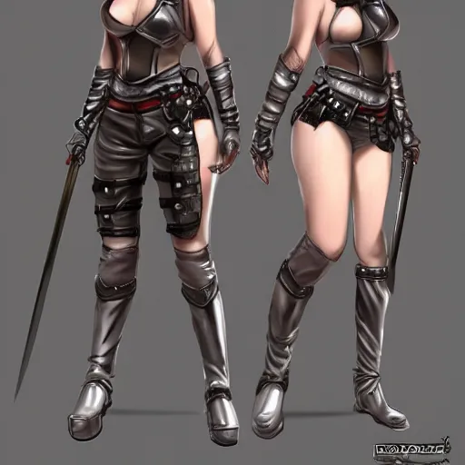 Image similar to a female adventurer in leather armor with a sword attached to her hip, anime style, character sheet, concept art, silver hair, detailed face, artstation, trending, masterpiece, high resolution