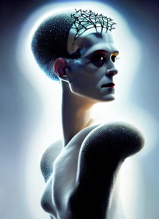 Prompt: portrait of kristen mcmenamy as a beautiful gentle futuristic bride of frankenstein from the movie bride of frankenstein, kintsugi, modern fine art, fractal, intricate, elegant, highly detailed, digital photography, subsurface scattering, by jheronimus bosch and greg rutkowski, still from the movie ex machina, smooth healthy skin, high key lighting