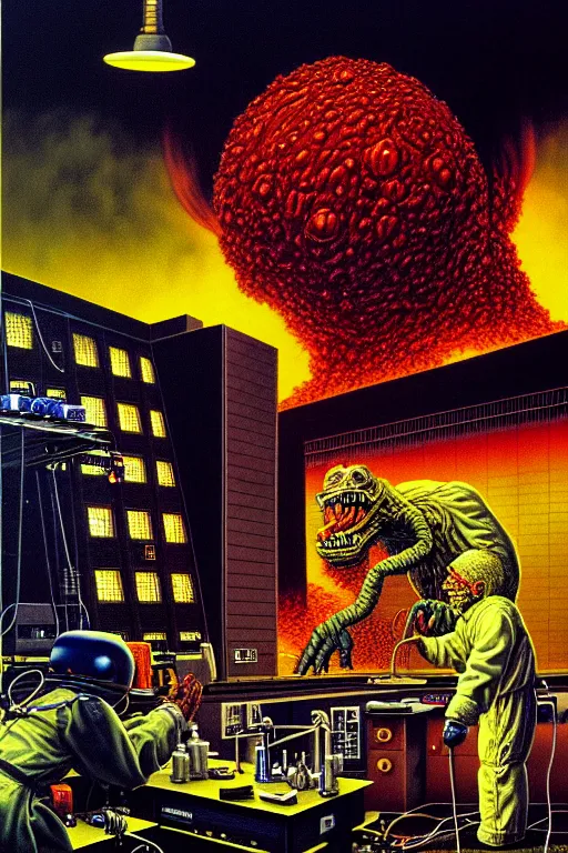 Image similar to a hyperrealistic detailed painting of a code red emergency at the nuclear power plant, radioactive radiation monster eating the laboratory by chris cunningham and richard corben, highly detailed, vivid color,