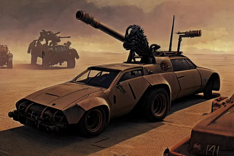 Image similar to dieselpunk mad max alpine a 3 1 0 with guns installed, painted by greg rutkowski makoto shinkai takashi takeuchi studio ghibli, akihiko yoshida