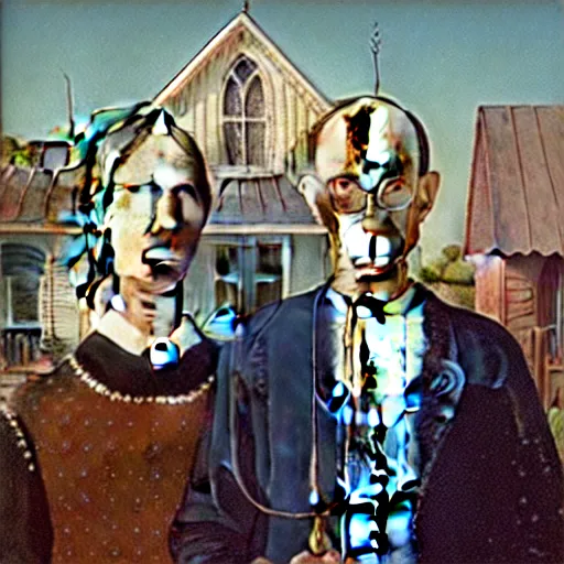 Prompt: “a painting by Grant Wood of an astronaut couple, american gothic style”