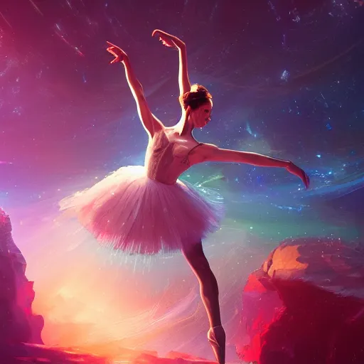 Prompt: a ballerina dancing in space, warm lighting with cool shadows, digital painting, detailed, trending on artstation, nebulas in background, expressive digital painting, in the style of dominik mayer marco bucci, gaston bussiere, and norman rockwell, beautiful nebulas in the background, 8 k, octane render