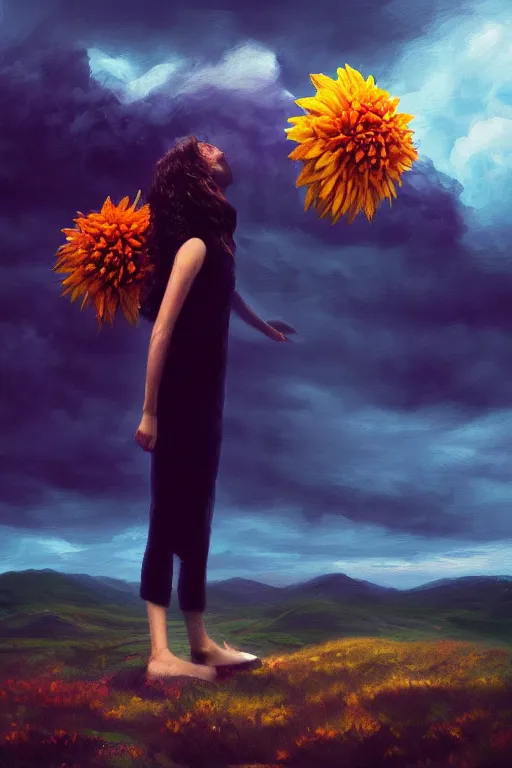 Image similar to closeup perspective, giant dahlia flower as head, girl standing on mountain, surreal photography, blue storm clouds, dramatic light, impressionist painting, digital painting, artstation, simon stalenhag