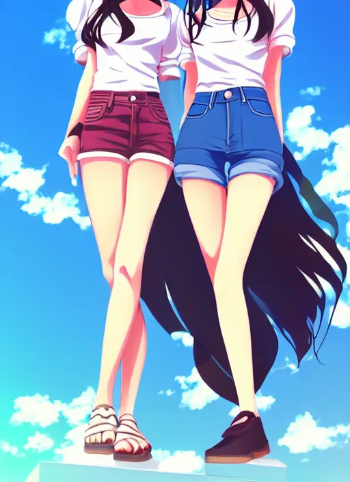 Prompt: two beautiful women under a blue sky, casual summer clothes, gorgeous faces, thick lines, cinematic lighting, detailed anime art