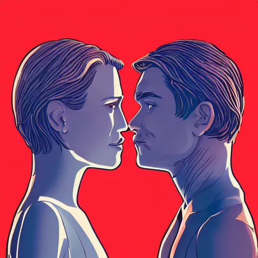 Prompt: perfectly centered symmetrical split male and female portrait of man and woman in love sharing one heart. illustration, highly detailed, simple, no jagged lines, smooth, artstation, artwork by chip zdarsky