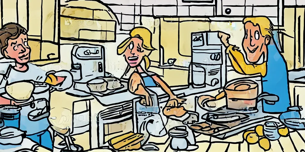 Image similar to A couple baking waffles, cartoon