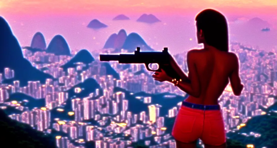 Image similar to 1 9 8 6 movie screencap of a girl with a gun on a rio de janeiro, gucci clothes, sparkles sky, beautiful favela background extremely utra high quality photo 8 k