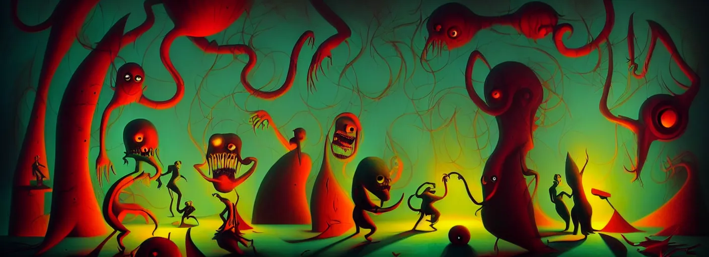 Image similar to uncanny monsters from the depths of the collective unconscious, dramatic lighting, surreal dark 1 9 3 0 s fleischer cartoon characters, surreal painting by ronny khalil