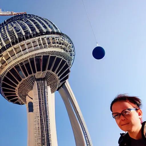 Prompt: Toronto tourist guide with planet mars as a head impaled on Toronto space needle, dramatic cinematic lighting