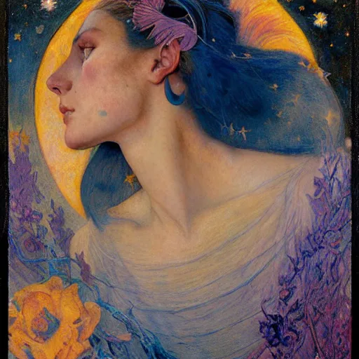 Image similar to queen of the moon with stars in her hair, by annie swynnerton and tino rodriguez and nicholas roerich and lucien freud and jean delville and donato giancola, dramatic lighting, floral tattoos, rich colors, smooth sharp focus, extremely detailed, adolf wolfli