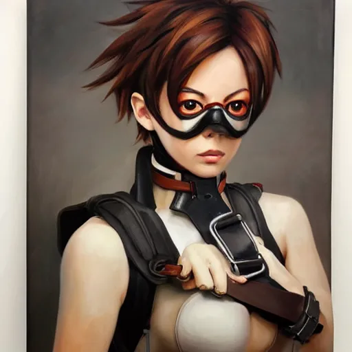 Image similar to oil painting of tracer overwatch in a field wearing very large black leather belt choker collar around neck, in style of mark arian, expressive face, very detailed face, very detailed eyes, belt around neck, full body, feminine face, tracer overwatch,