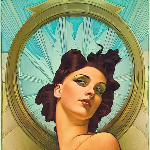 Image similar to a streamline moderne painting in the style of gerald brom, and in the style of maxfield parrish, and in the style of alphonse mucha. symmetry, smooth, sharp focus, semi - realism, intricate detail.