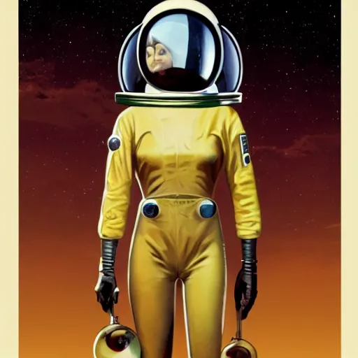 Prompt: 1950's glass helmet female astronaut, comic book texture, 4k symmetrical full body portrait, holding a ray gun, Ashley wood, Mike mignola, trending on artstation, Norman Saunders,