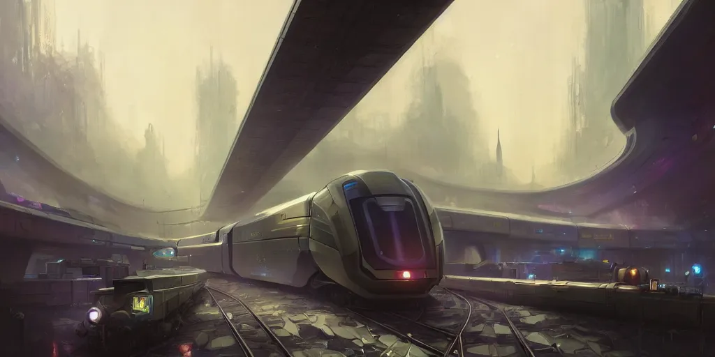 Prompt: a futuristic train goes across futuristic paris in 2 0 7 7, extremely detailed digital painting, in the style of fenghua zhong and ruan jia and jeremy lipking and peter mohrbacher, mystical colors, rim light, beautiful lighting, 8 k, stunning scene, raytracing, octane, trending on artstation