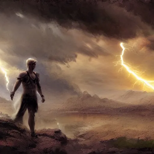Prompt: a young man with short blonde hair struck by lightning from the gods. detailed matte painting. masterpiece. 4 k. fantasy art. by craig mullins. franzetta. repin